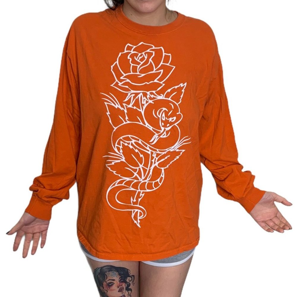 Popular Poison Roses Mens Orange Long Sleeve T-Shirt Size Large